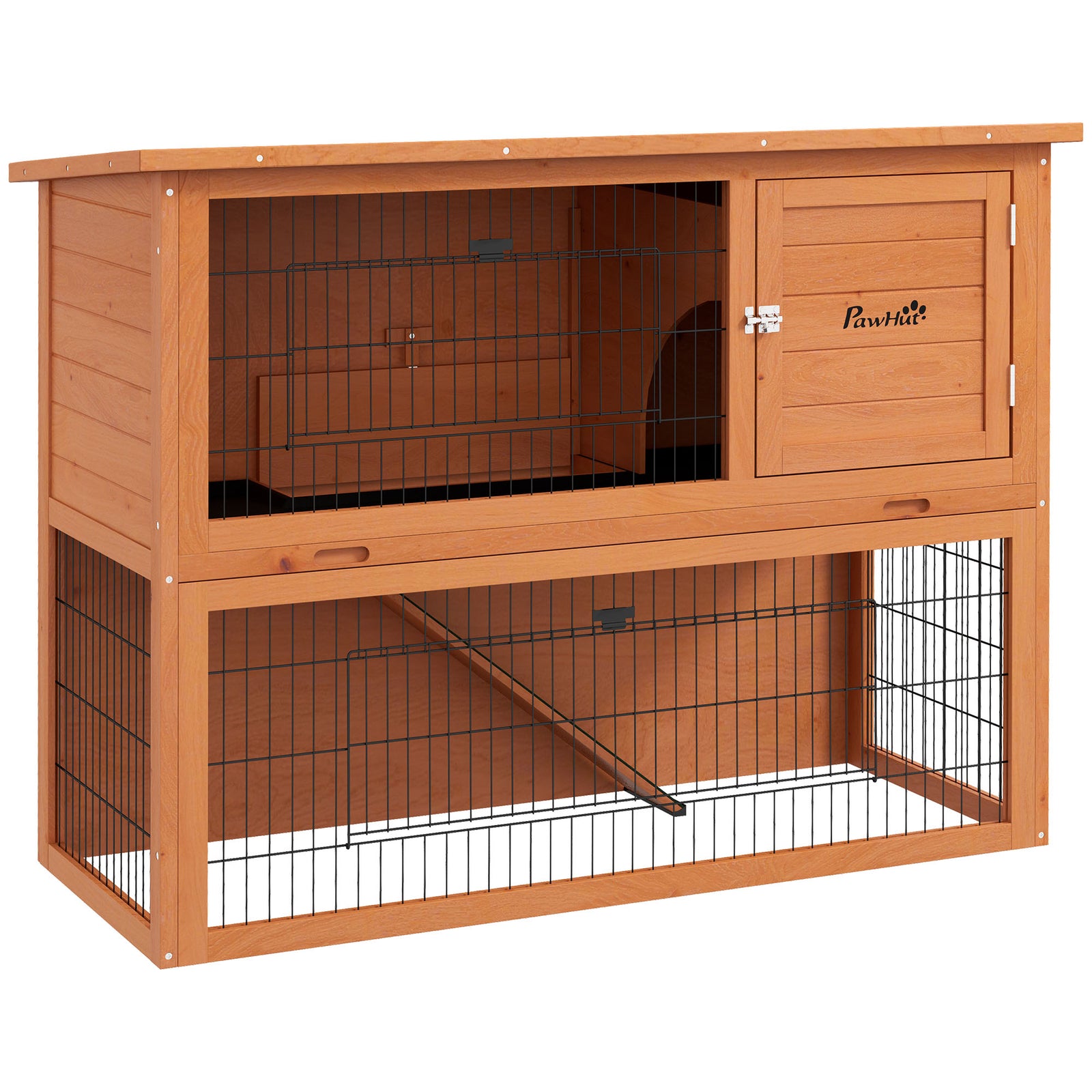 Two-Tier Antiseptic Wood Rabbit Hutch, 92cm Guinea Pig Hutch with Run - Orange