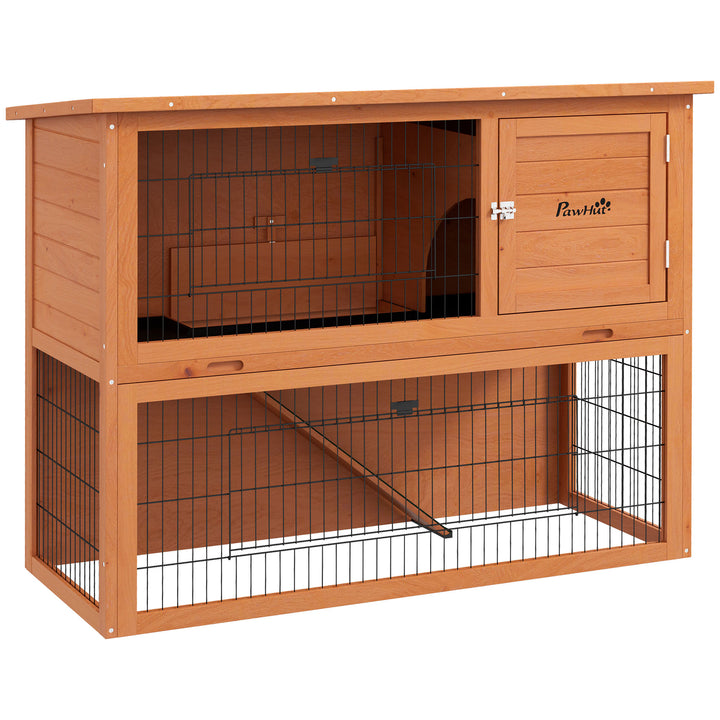 Two-Tier Antiseptic Wood Rabbit Hutch, 92cm Guinea Pig Hutch with Run - Orange