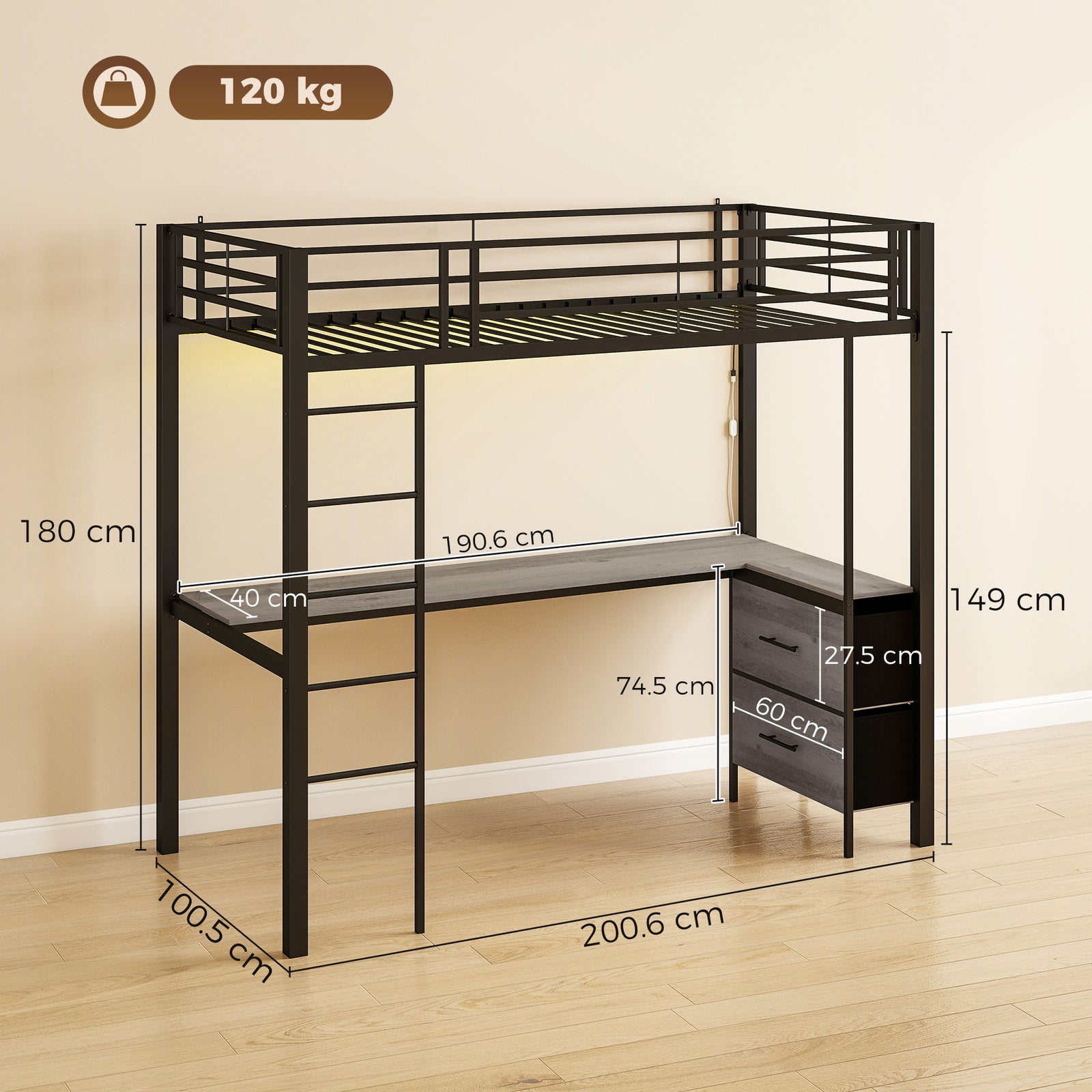 Metal Bunk Bed with Desk, High Sleeper Bed with LED Light and Safety G
