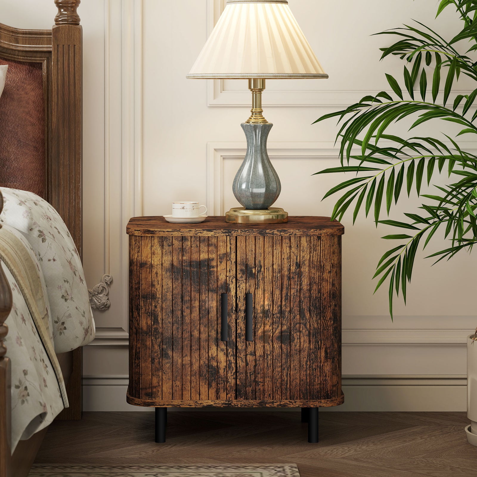 Bedside Table, Nordic Side Table with Roller Shutter Style Sliding Doors and Metal Legs for Bedroom, Living Room, Rustic Brown