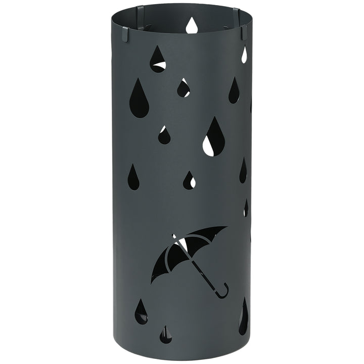 Freestanding Umbrella Stand for Hallway, Round Umbrella Basket with 4 Hooks and Drip Tray for Entryway, Dark Grey