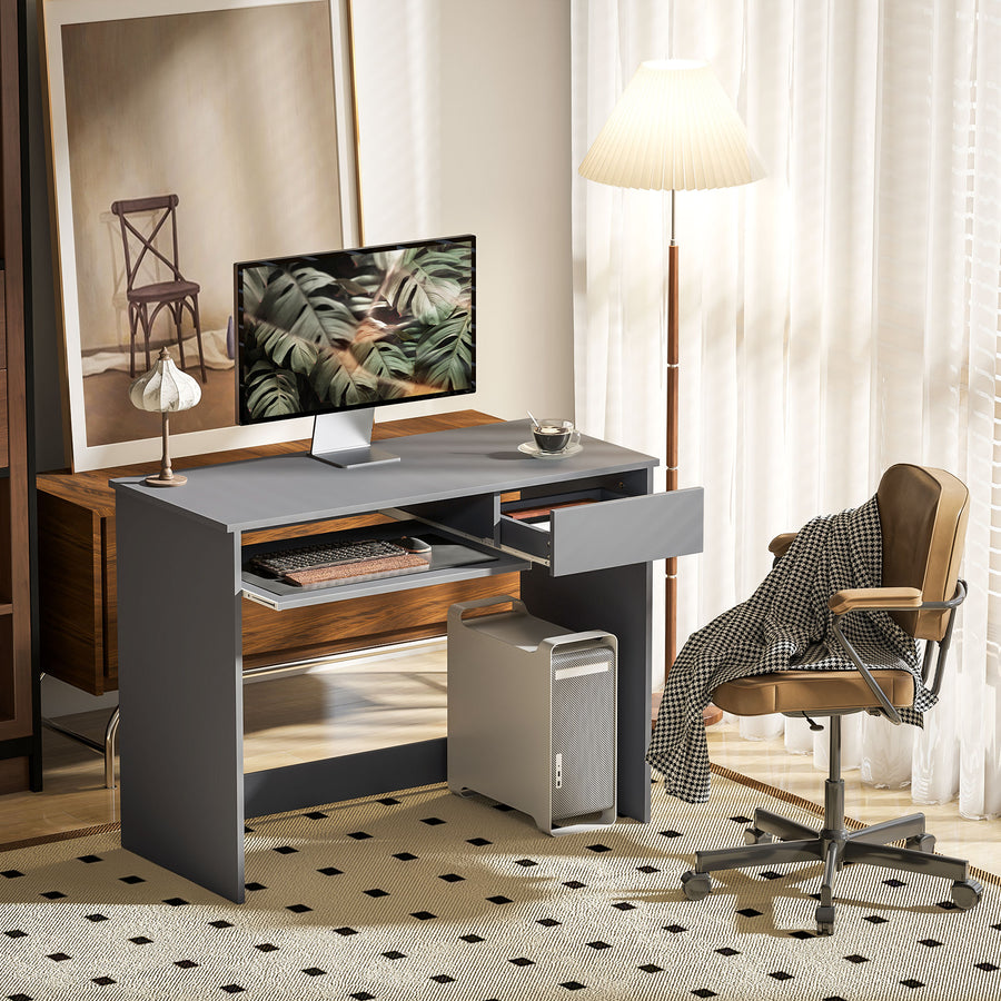 100cm Compact Computer Desk with Keyboard Tray, Home Office Desk with Drawer for Bedroom Study, Grey