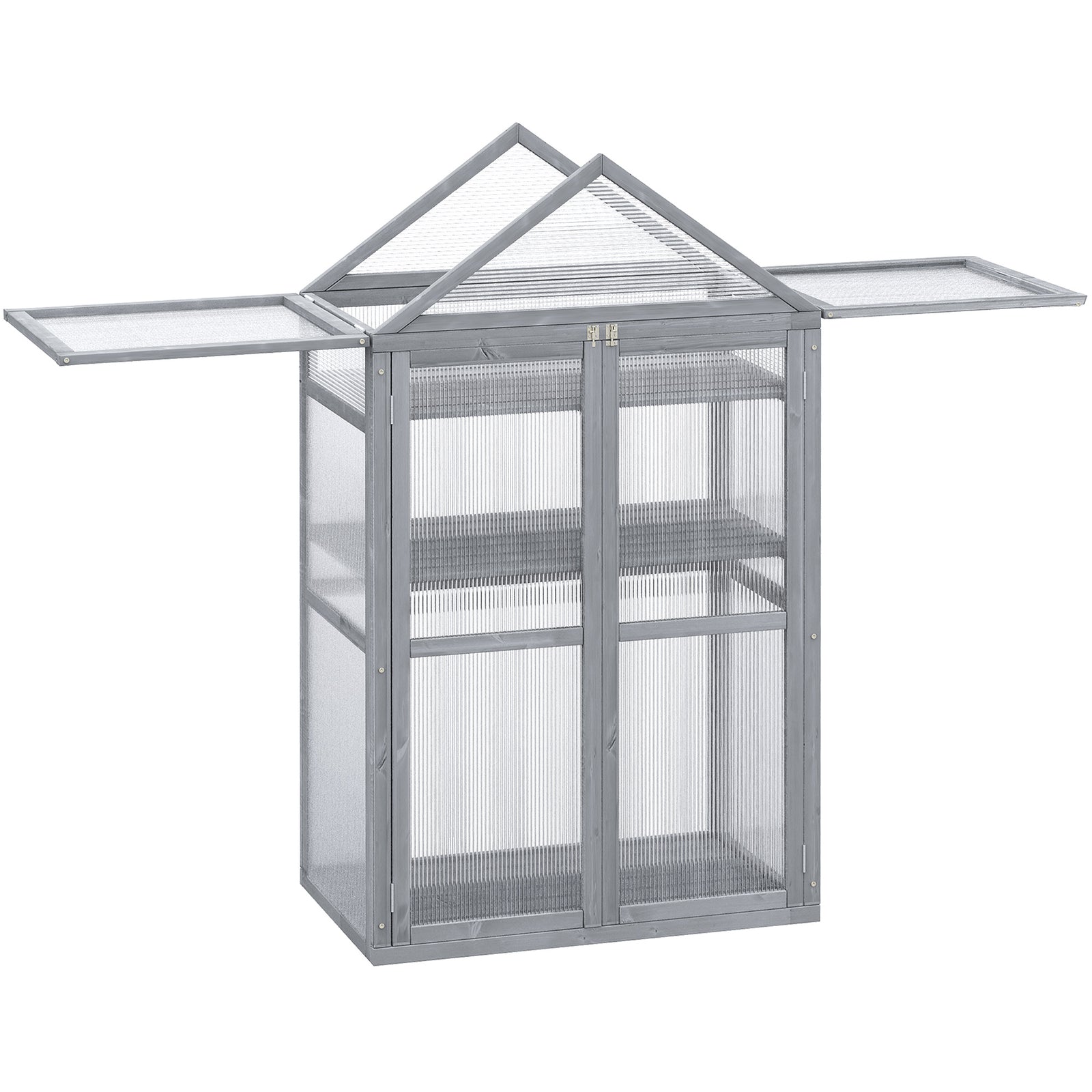 Garden Cold Frame Polycarbonate Greenhouse with Adjustable Shelves, Double Doors, Openable Top Covers, Grow House for Flower Vegetable Plants, 80 x 47 x 138cm, Grey