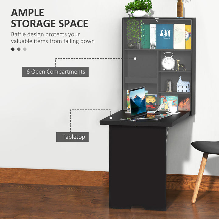 Folding Wall-Mounted Drop-Leaf Table, Convertible Wall Table With Chalkboard and Storage Shelf, Multifunctional Floating Desk for Home Office, Black