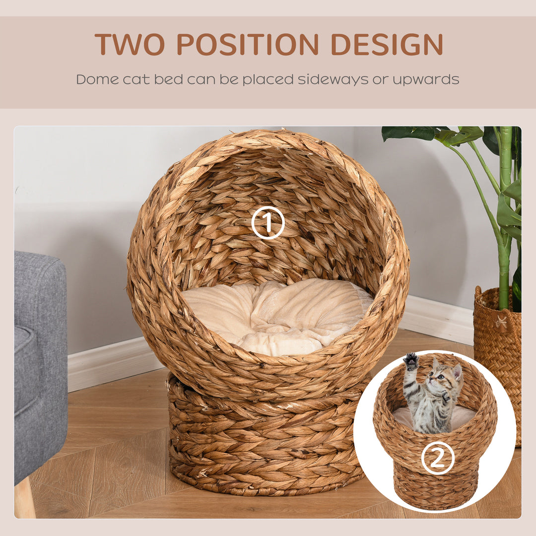 PawHut Wicker Cat Bed, Raised Rattan Cat Basket with Cylindrical Base, Soft Washable Cushion, Brown, 42 x 33 x 52 cm | Aosom UK