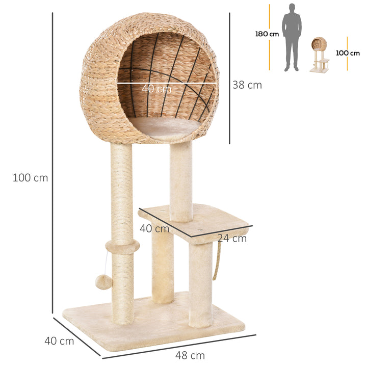 MCL Cat Tree for Indoor Cats 100cm Kitten Climbing Tower Activity Center with Sisal Scratching Post Condo Perch Hanging Balls Teasing Rope Toy Cushion