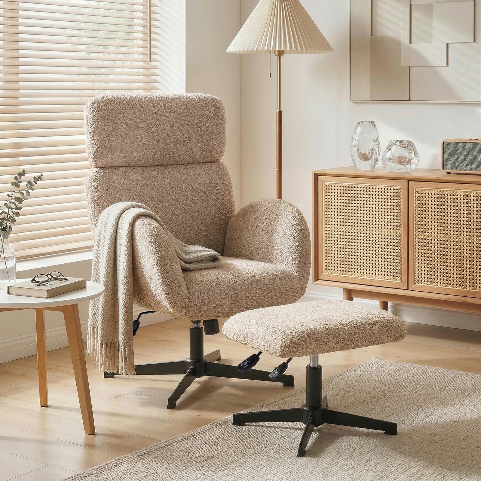 Swivel Armchair and Footstool Set, Height Adjustable Accent Chair with