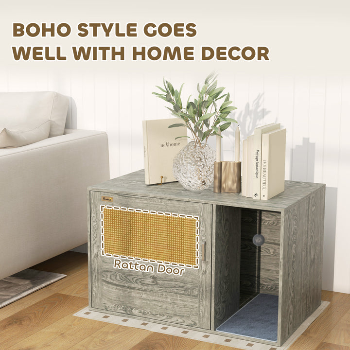 Cat Litter Box Enclosure with Rattan Door, Scratching Mat, Toy Ball, Non-Slip Foot Pads, Grey