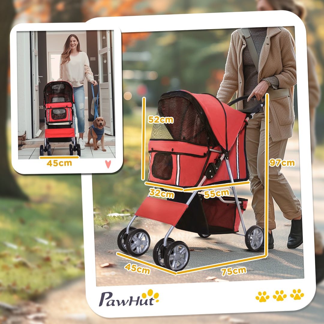 Pet Stroller for Small Miniature Dogs Cats Foldable Travel Carriage with Wheels Zipper Entry Cup Holder Storage Basket Red