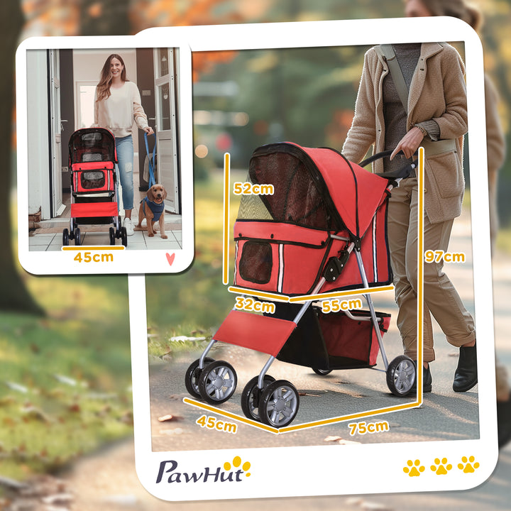 Pet Stroller for Small Miniature Dogs Cats Foldable Travel Carriage with Wheels Zipper Entry Cup Holder Storage Basket Red