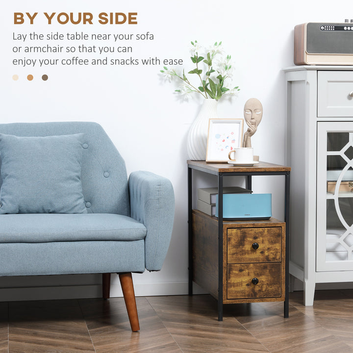 Side Table, Narrow Bedside Table with 2 Drawers and Storage Shelf, Industrial End Table with Metal Frame for Small Spaces, Rustic Brown