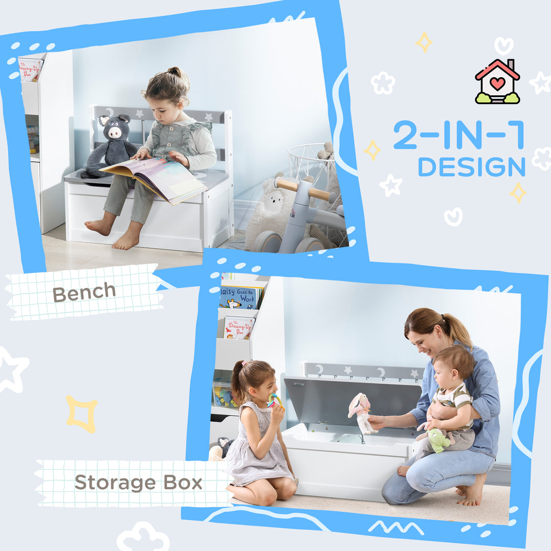 ZONEKIZ 2-IN-1 Wooden Toy Box, Kids Storage Bench Toy Chest with Safety Pneumatic Rod, Star & Moon Pattern, Grey | Aosom UK