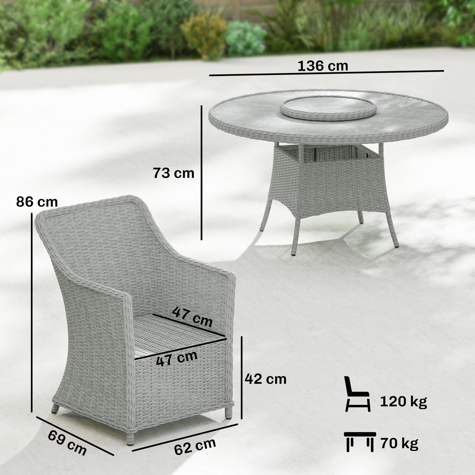 Rattan Garden Dining Set with Turntable, Marble Effect Glass Round Gar