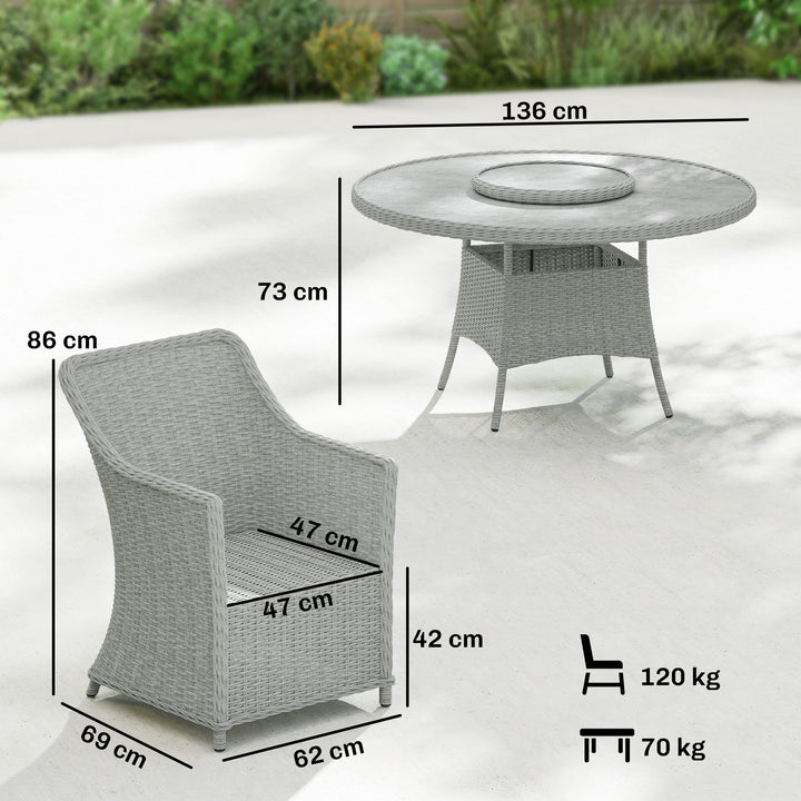 Rattan Garden Dining Set with Turntable, Marble Effect Glass Round Gar
