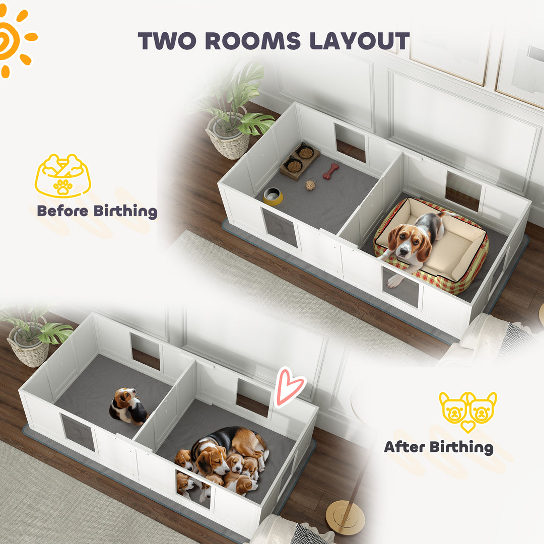 Two Room Design, Whelping Box for Dogs with Whelping Pad, Clear Panels, Adjustable Entrance, for Medium Dogs, 196 x 96cm