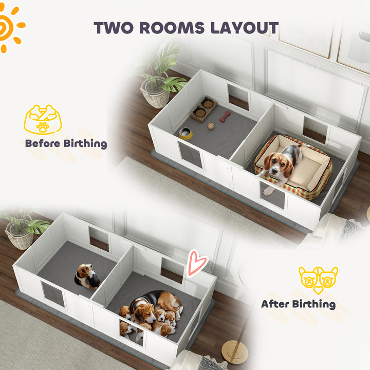 Two Room Design, Whelping Box for Dogs with Whelping Pad, Clear Panels, Adjustable Entrance, for Medium Dogs, 196 x 96cm