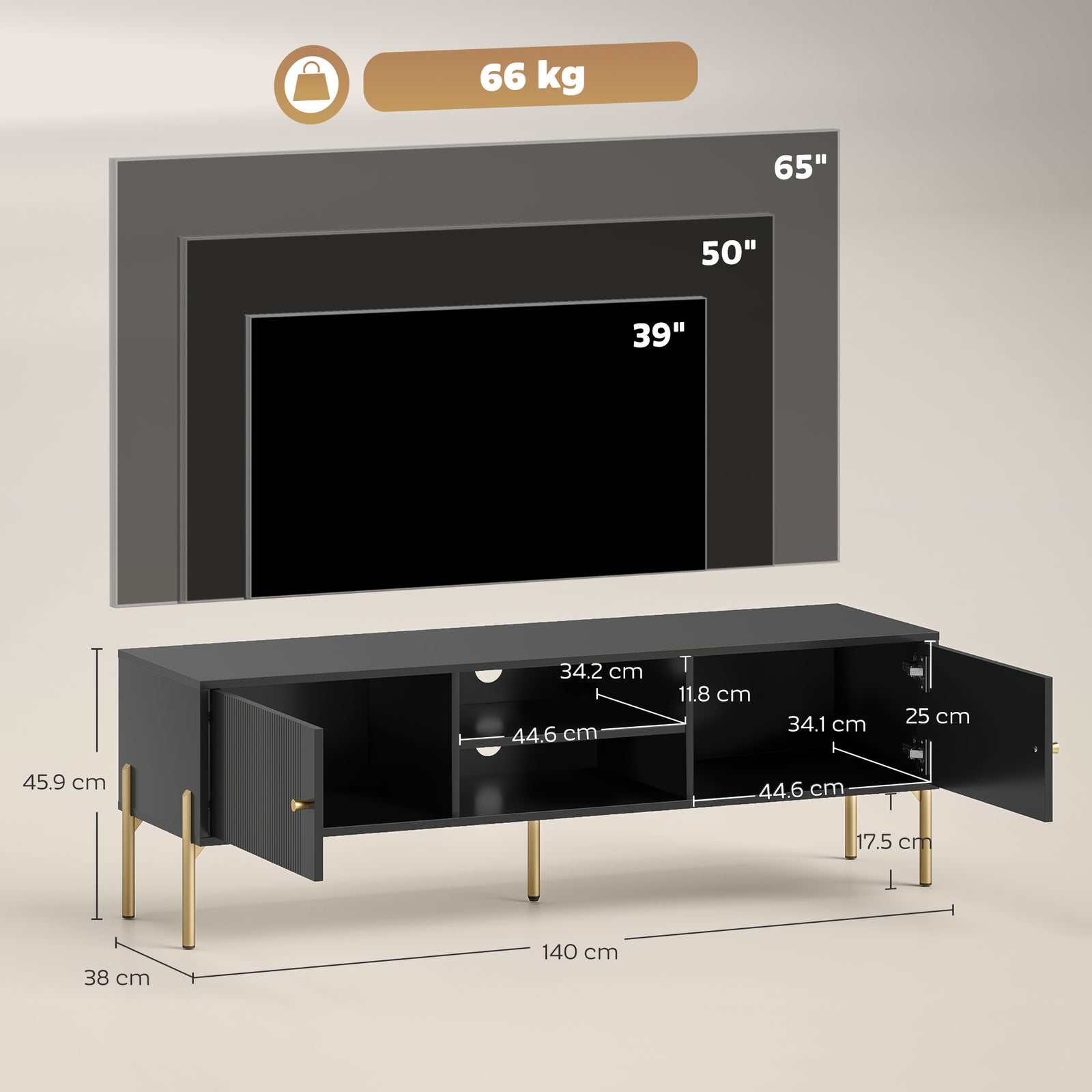 TV Stand for TVs up to 65", Entertainment Center with 2 Open Shelves, 