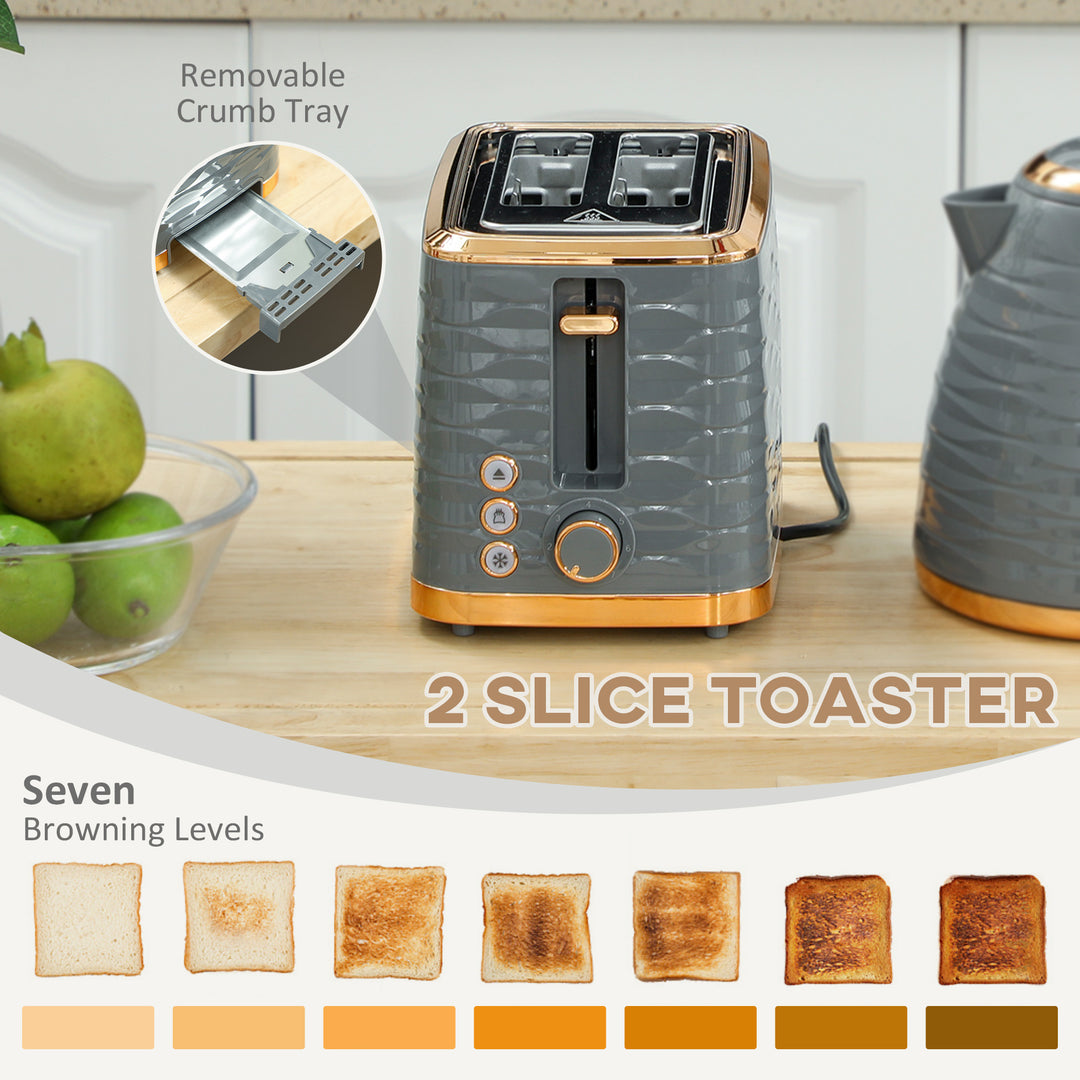 3000W 1.7L Rapid Boil Kettle & 2 Slice Toaster, Kettle and Toaster Set with 7 Browning Controls and Crumb Tray, Grey