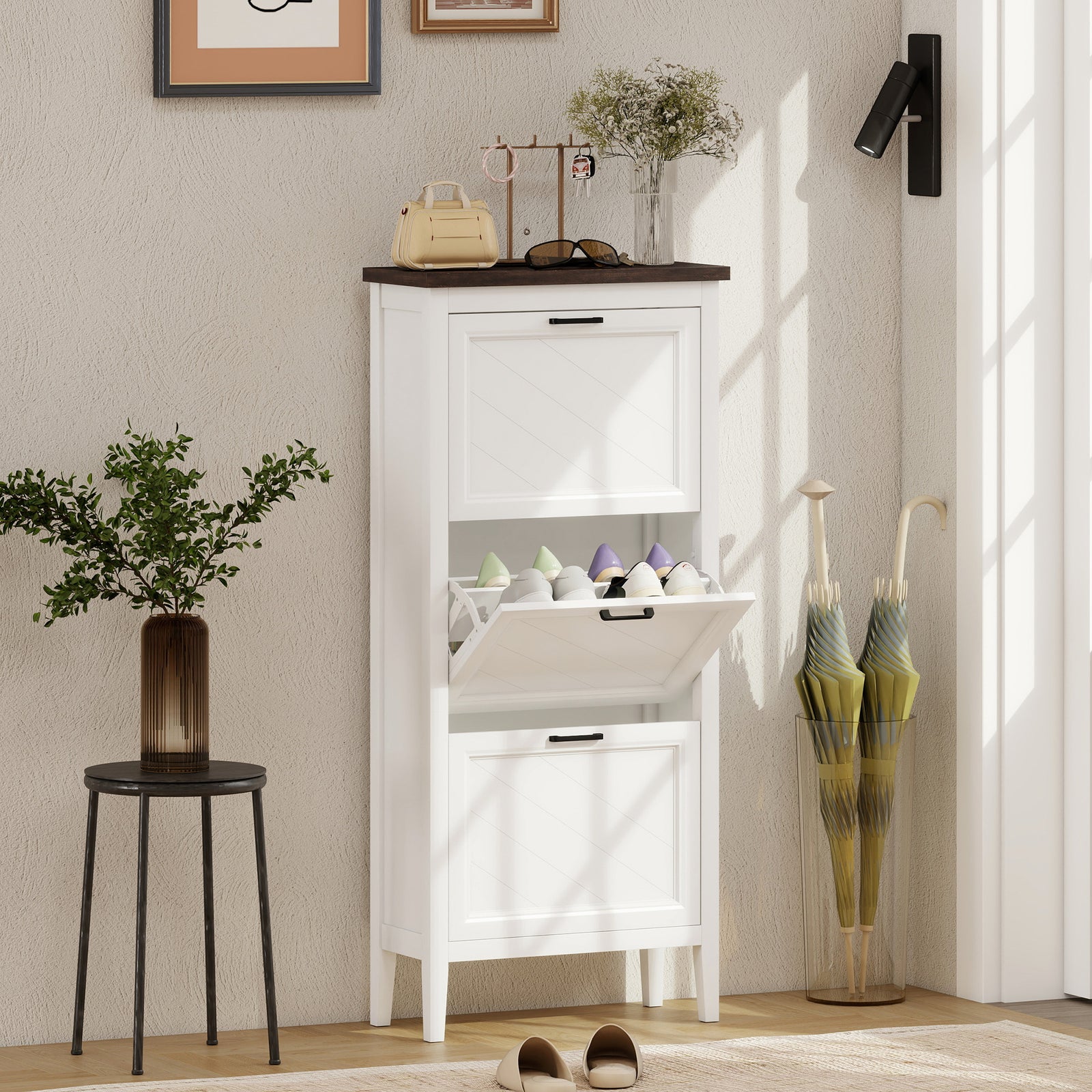 Shoe Cabinet with 3 Flip Drawers, Farmhouse Narrow Shoe Storage Cabine