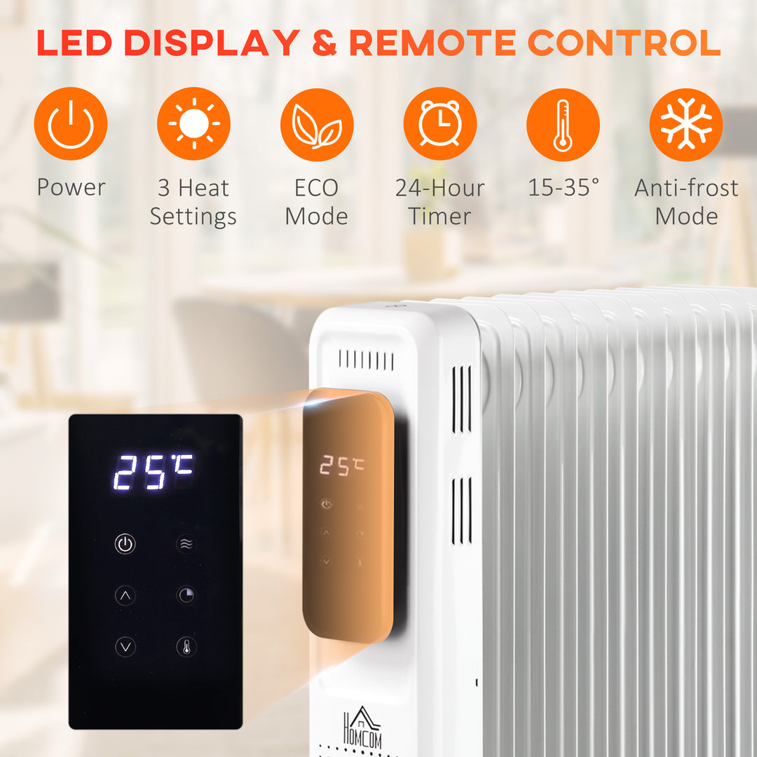 2000W Oil Filled Radiator, 9 Fin Portable Electric Heater with LED Display, 24H Timer, 3 Heat Settings, Adjustable Thermostat, Safety Cut off, Remote Control, White