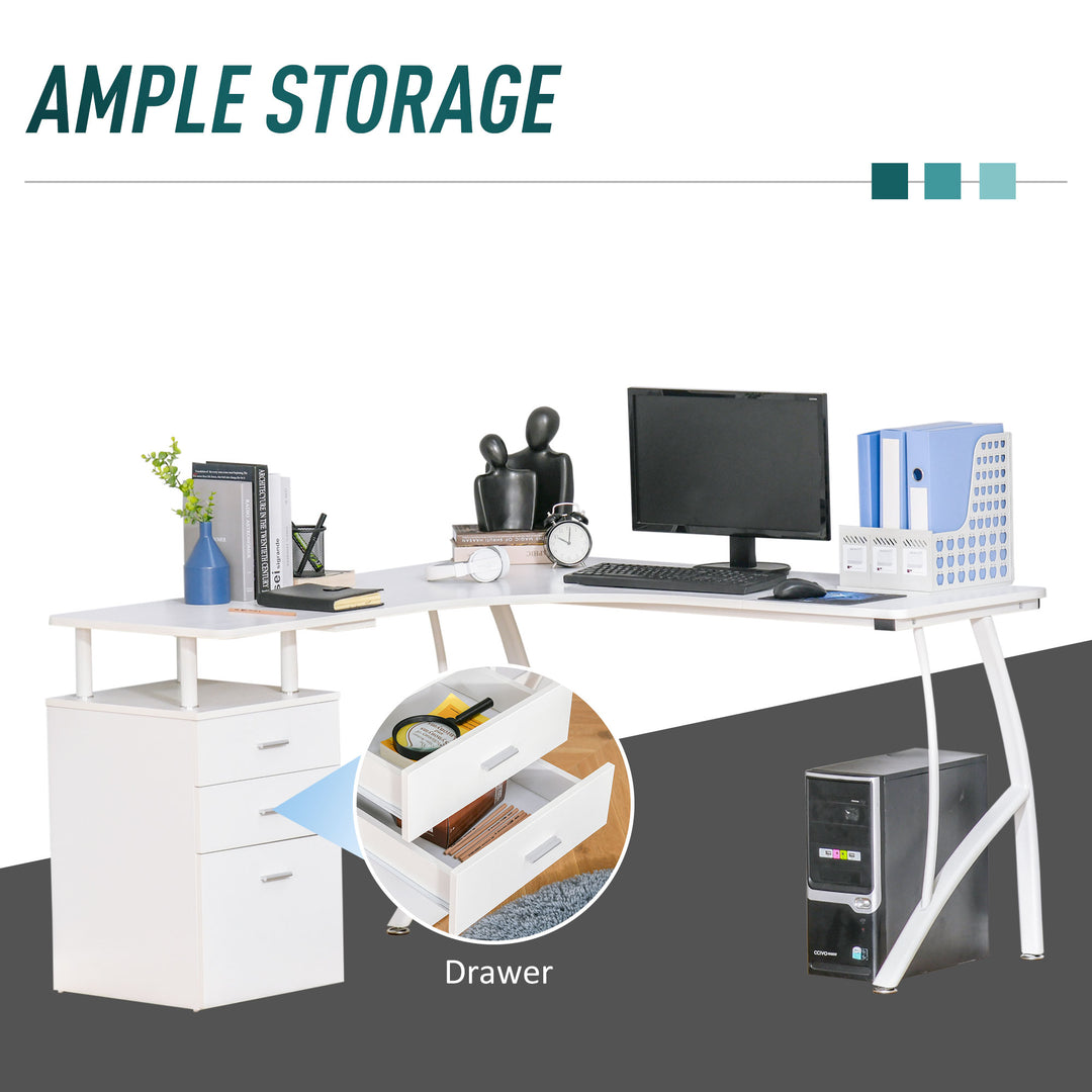 L-Shaped Computer Desk Table with Storage Drawer, Home Office Desk Corner Industrial Style Workstation for A4 Files 143.5 x 143.5 x 76cm, White