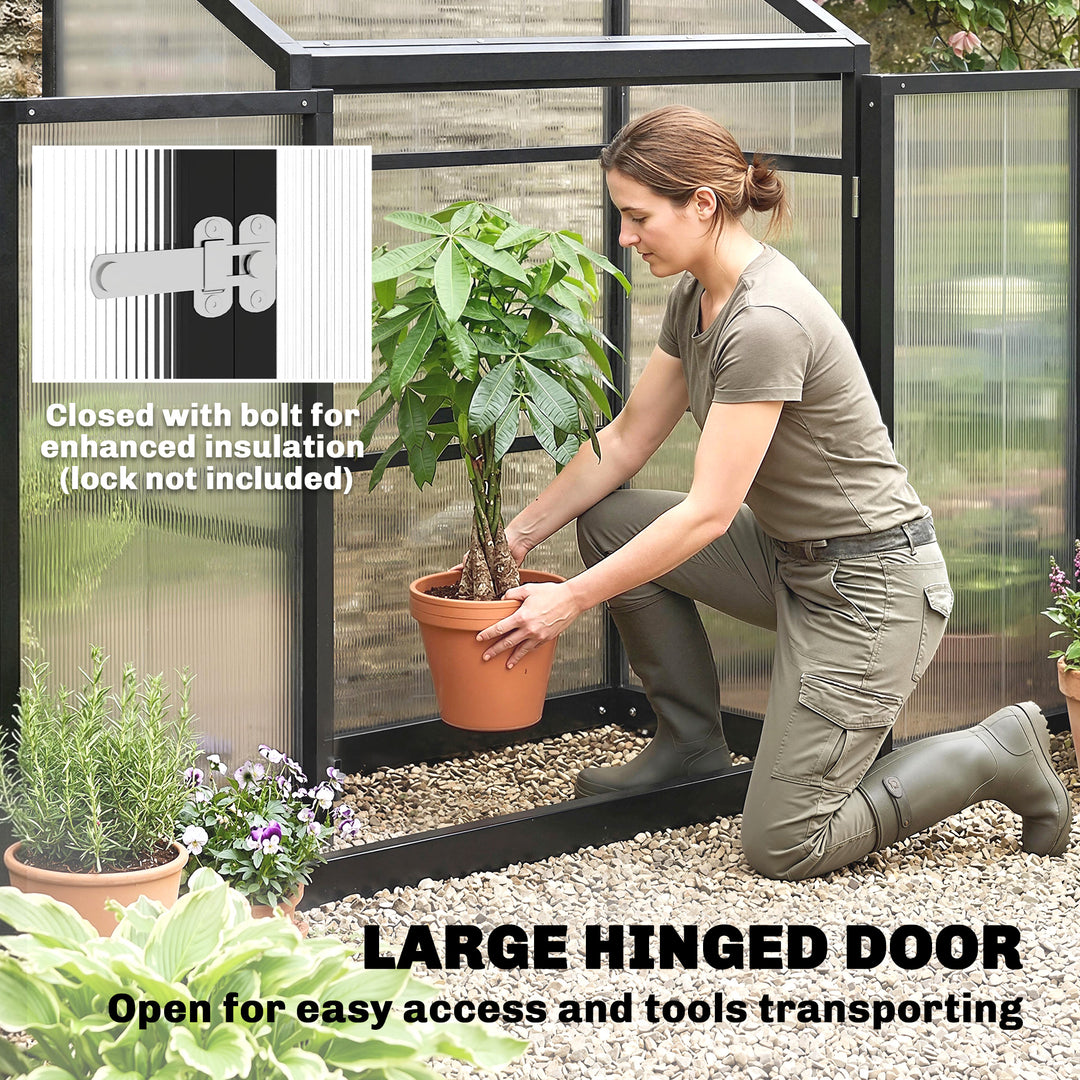 Polycarbonate Greenhouse with Hinged Door, Top Vent, Lean-to Green Hou