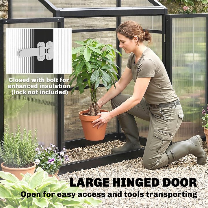 Polycarbonate Greenhouse with Hinged Door, Top Vent, Lean-to Green Hou