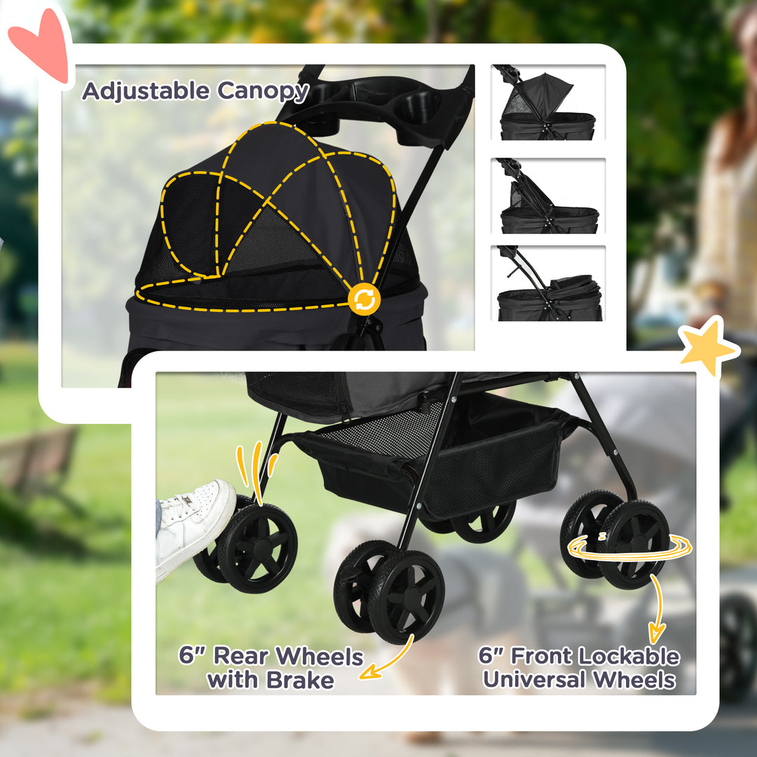 PawHut Pet Stroller, Foldable Cat Dog Pushchair, Pet Travel Carriage with 4 Wheels, Adjustable Canopy, Safety Leashes, Storage Basket and Cup Holder for Small Dogs, Black