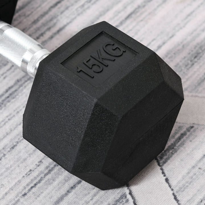 HOMCOM 15KG Single Rubber Hex Dumbbell Portable Hand Weights Dumbbell Home Gym Workout Fitness Hand Dumbbell | Aosom UK