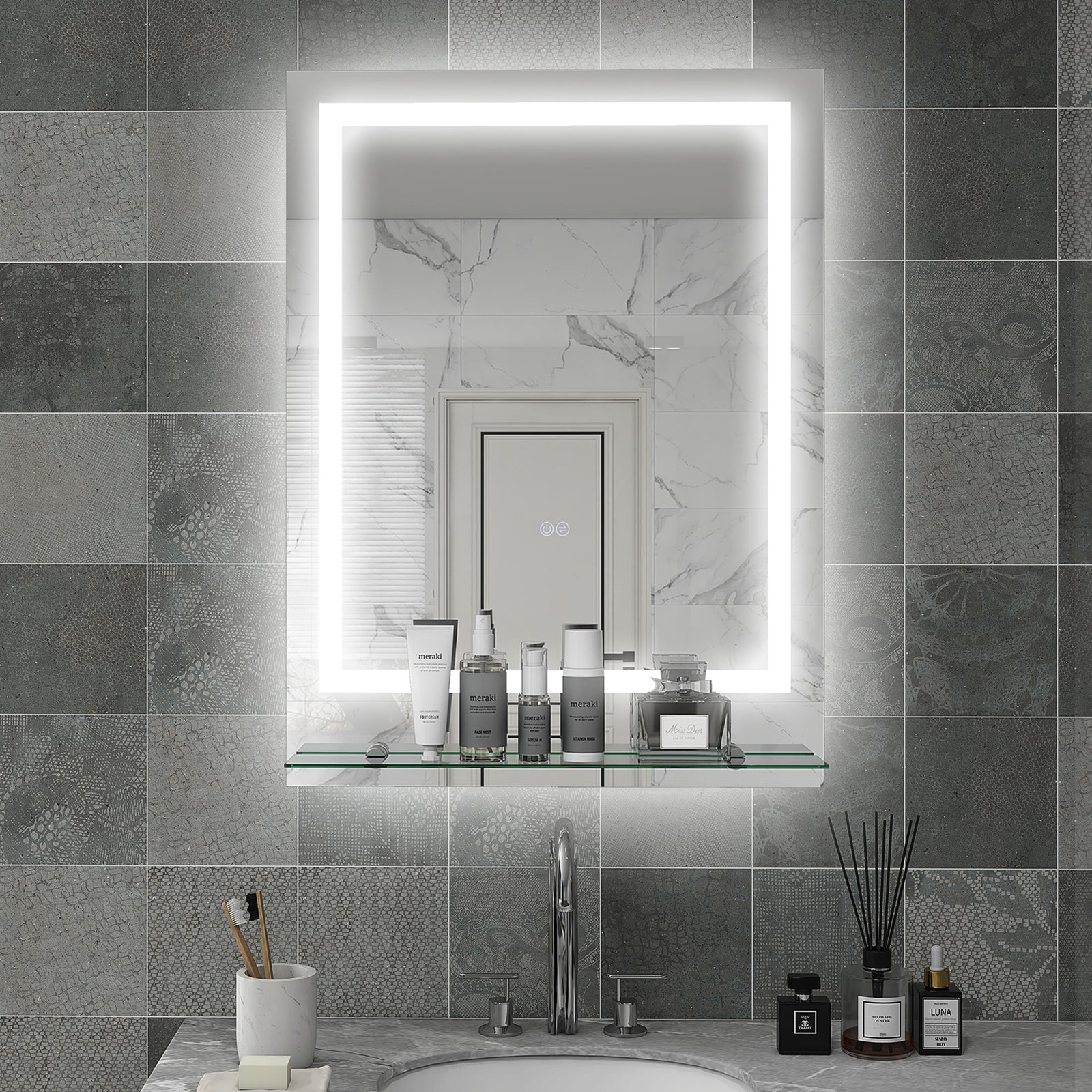 Large Vanity Mirror with Lights and Shelf, Illuminated bathroom Mirror with 3 Colour Brightness, Smart Touch, Anti-Fog