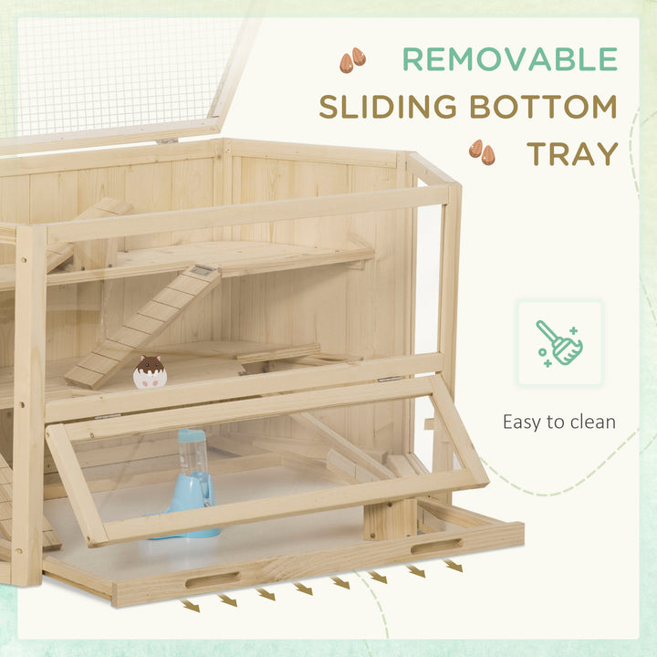 3 Tier Wooden Large Hamster Cage with Sliding Tray, Seesaws, Water Bottle, Natural