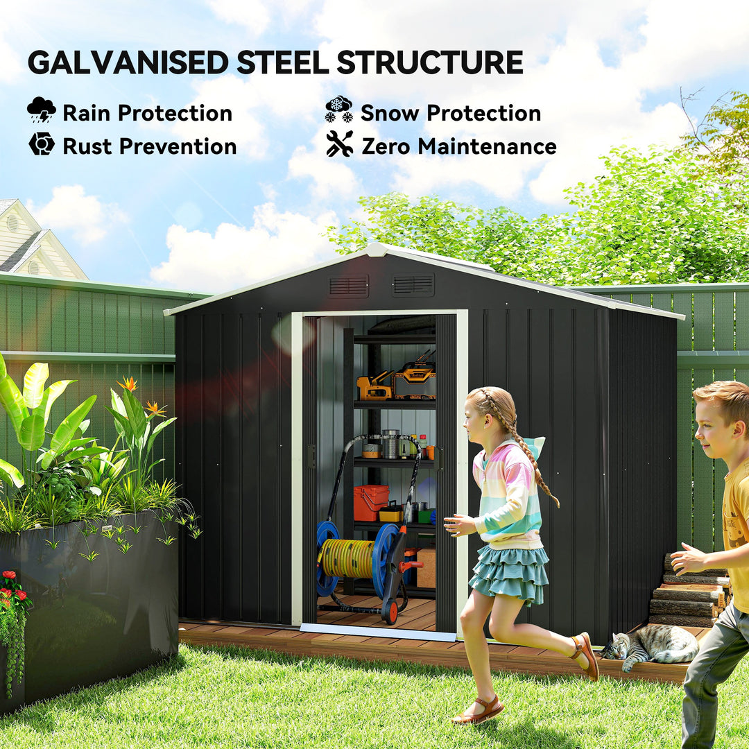 7.7 x 5.7ft Metal Garden Shed, Galvanised Outdoor Tool Storage House with Ventilation Slots and Sliding Doors, Grey
