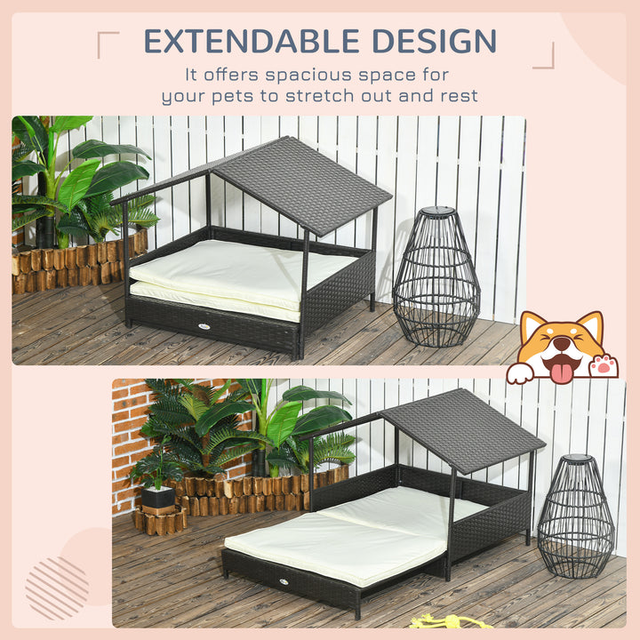 Extendable Elevated Dog Bed, Rattan Dog House, with Water-Resistant Roof, Removable Cushion, Cream