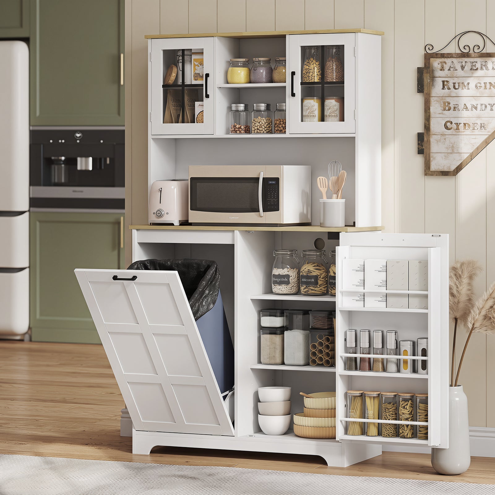 175cm Tall Kitchen Cabinet, Kitchen Cupboard with Rubbish Bin Cabinet,