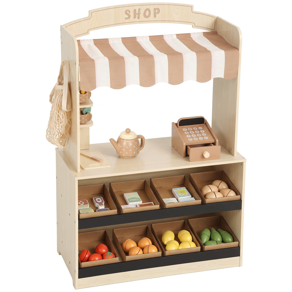 Pretend Play Shop, Wooden Kids Grocery Store Playset with Play Food