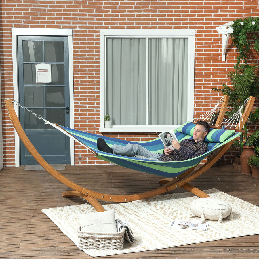 Outdoor Hammock with Stand, Garden Hammock with Triple-Head Eucalyptus Wood Arc Frame, 1 Person Cotton Bed and Head Pillow, Freestanding Garden Swing Bed for Patio, Blue Stripe