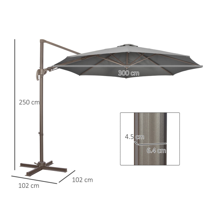 3(m) Cantilever Parasol 360° Rotation Roma Umbrella Hanging Sun Shade with Aluminium Frame, Tilt Crank, 8 Ribs and Cross Base, Dark Grey
