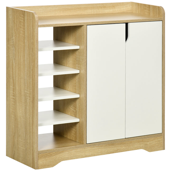 HOMCOM Shoe Cabinet with Double Doors & Open Shelving, 13 Pair Footwear Organiser for Hallways, Natural & White | Aosom UK