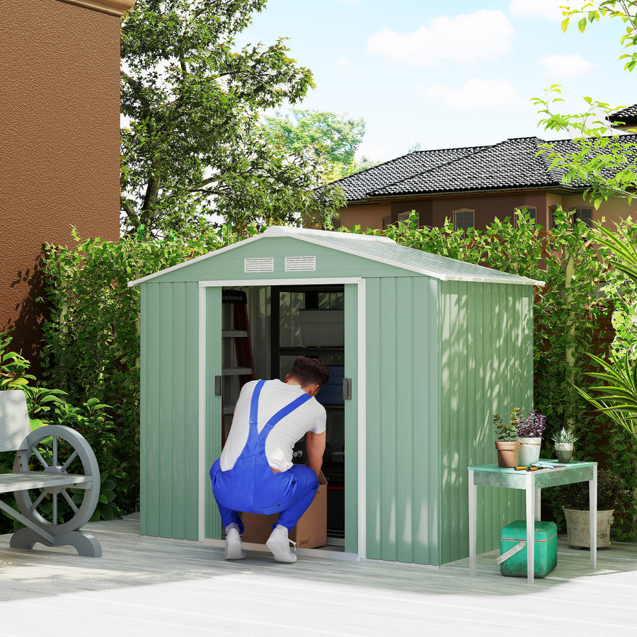 7 x 4ft Metal Garden Shed, Outdoor Storage Tool House with Ventilation Slots, Foundation Kit and Lockable Double Doors, Light Green