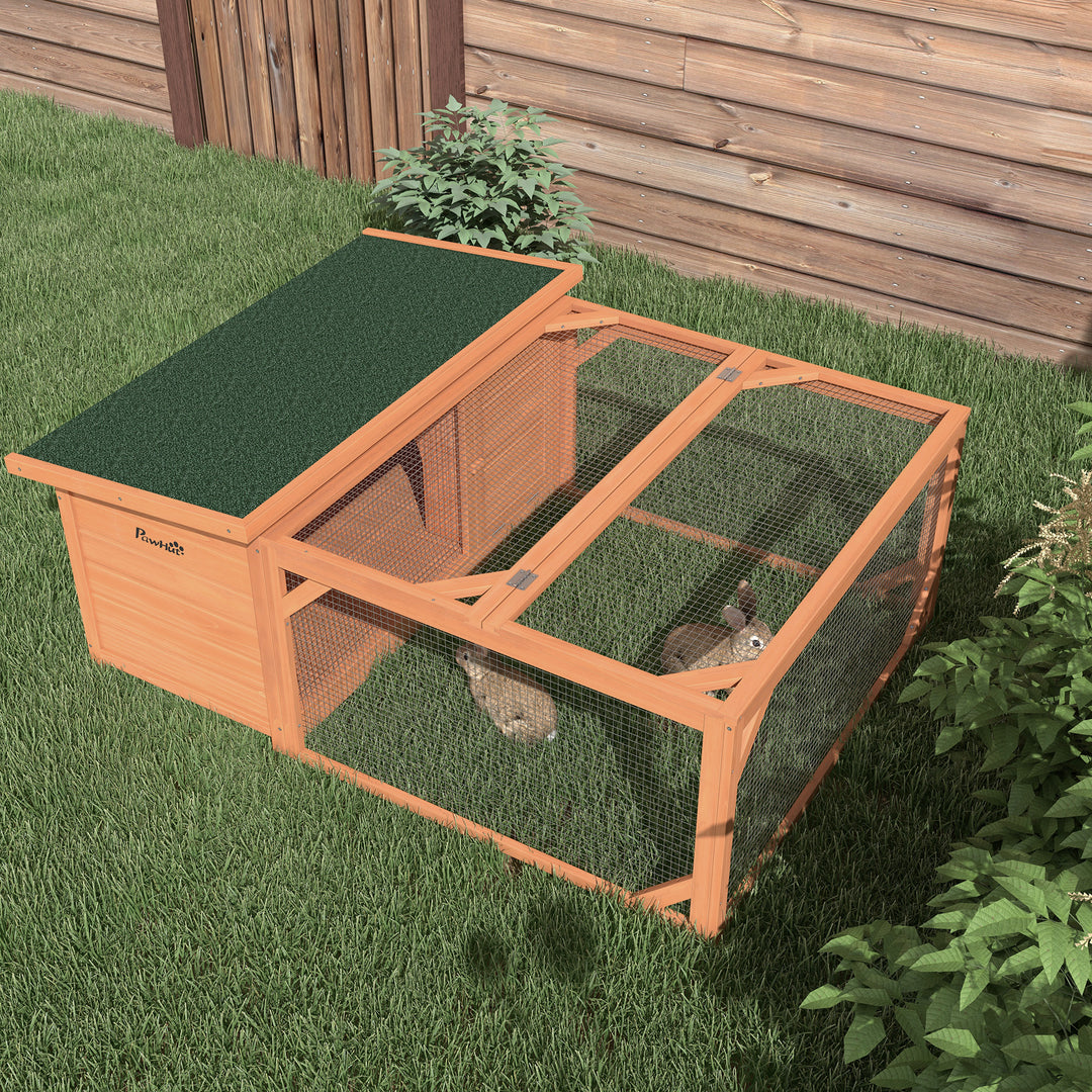 PawHut Rabbit Hutch Small Animal Guinea Pig House Off-ground Ferret Bunny Cage Backyard with Openable Main House & Run Roof 125.5 x 100 x 49cm Orange