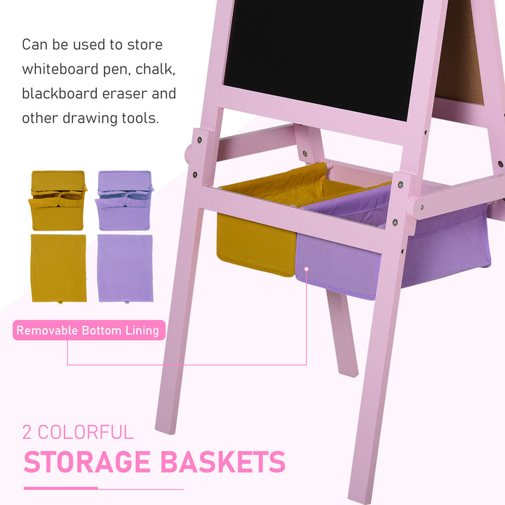 Kids Easel 3 in 1 Wooden Art Easel with Paper Roll Double-Sided Chalkboard & Whiteboard with Storage Baskets for Toddler Girls, Pink