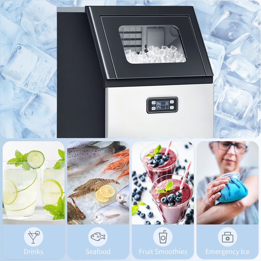 Commercial Ice Maker Machine, Freestanding Stainless Steel Ice Machine with Self-Cleaning, LCD Display, 45kg/24 Hours and 11kg Storage for Home, Office, Bar, Restaurant