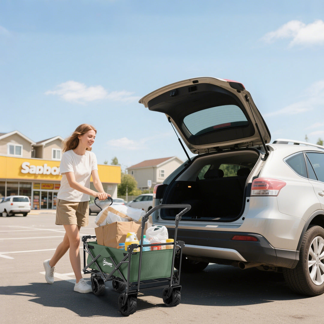 Folding Trolley Cart Storage Wagon Beach Trailer 4 Wheels with Handle Overhead Canopy Cart Push Pull for Camping, Green