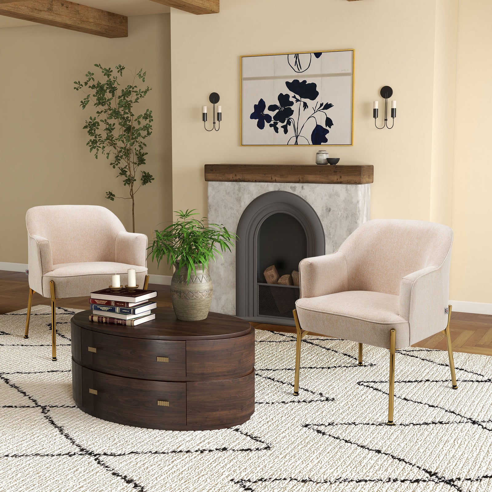 Accent Chair, Living Room Armchair, Vanity Chair with Gold Plating Metal Legs and Soft Padded Seat for Bedroom and Café, Set of 2, White