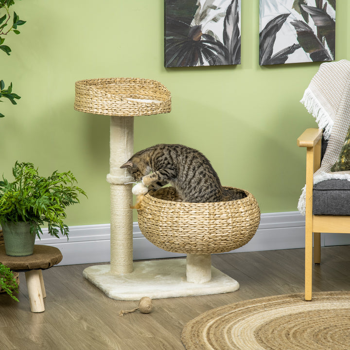 PawHut 72cm Cat Tree, Kitty Activity Center, Cat Climbing Toy, Cat Tower with 2 Cattail Beds Ball Toy Sisal Scratching Post, Beige | Aosom UK