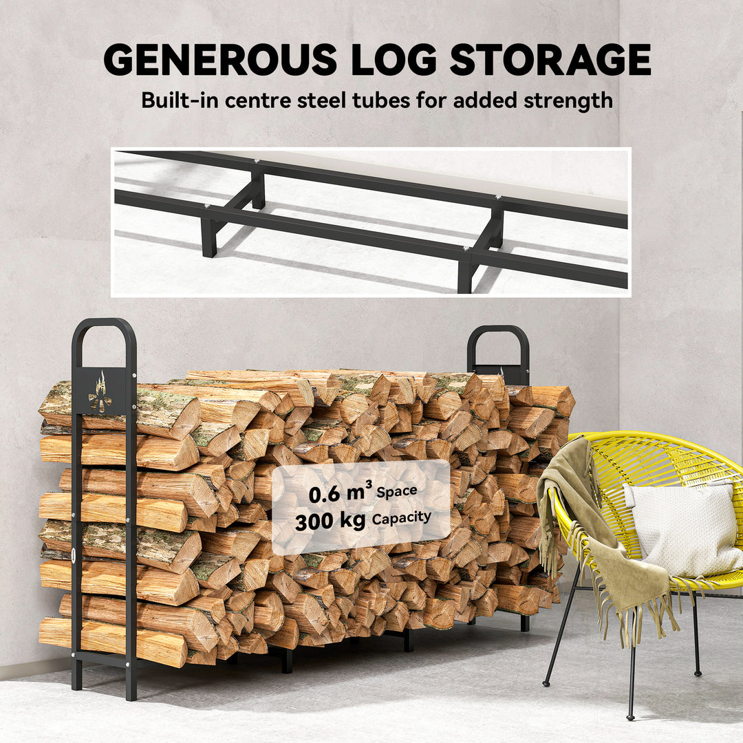 MCL 6.5 FT Steel Firewood Log Rack with 300 kg Capacity, Heavy Duty Indoor Outdoor Fireplace Wood Storage Shelf, Log Holder/Stand with Extra Support Legs, Decorative Bonfire Pattern, Black