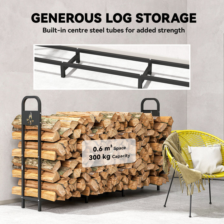 MCL 6.5 FT Steel Firewood Log Rack with 300 kg Capacity, Heavy Duty Indoor Outdoor Fireplace Wood Storage Shelf, Log Holder/Stand with Extra Support Legs, Decorative Bonfire Pattern, Black