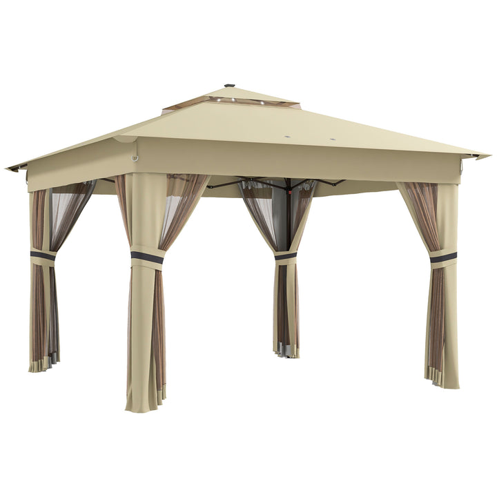 Outsunny 3 x 3(m) Pop Up Gazebo Party Tent with Solar-Powered LED Lights, Adjustable Event Shelter with Netting, Khaki
