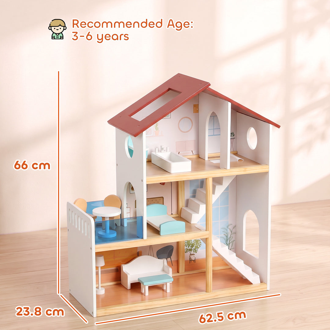 Kids Wooden Dolls House, 3-Story Dollhouse with 5 Rooms and 11 - view 3