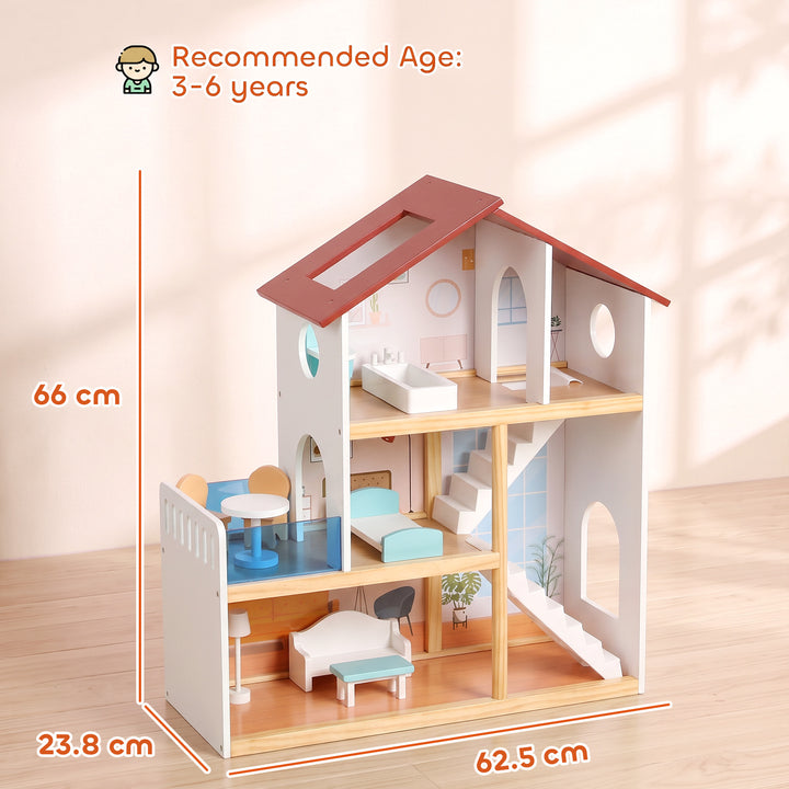 Kids Wooden Dolls House, 3-Story Dollhouse with 5 Rooms and 11 - view 3